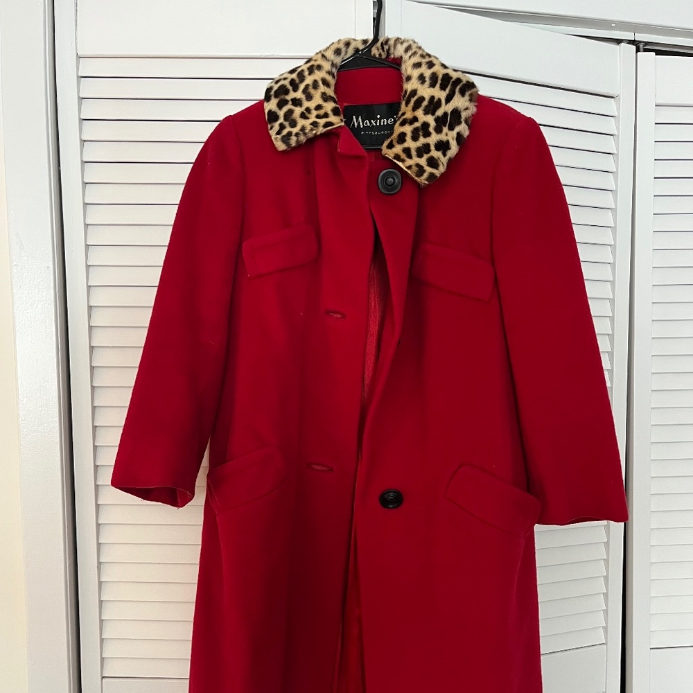 vintage long red wool coat with leopard faux fur collar